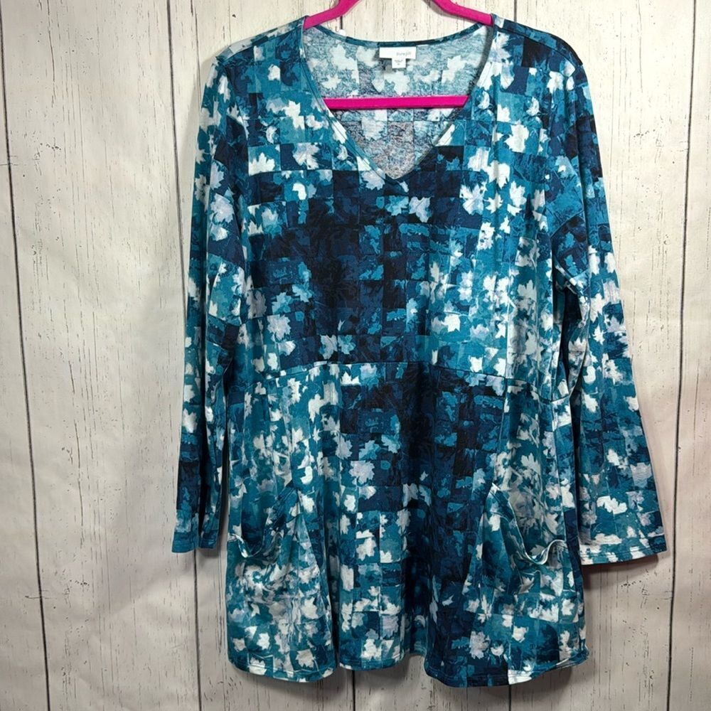 J Jill Pure Jill Cotton Stretch Pocket Blue White Long Sleeve A Line Top Size XL